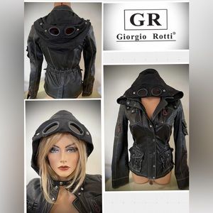 GIORGIO ROTTI Black Leather Aviator Jacket Removable Hood & Goggles Sz IT 40 Sm